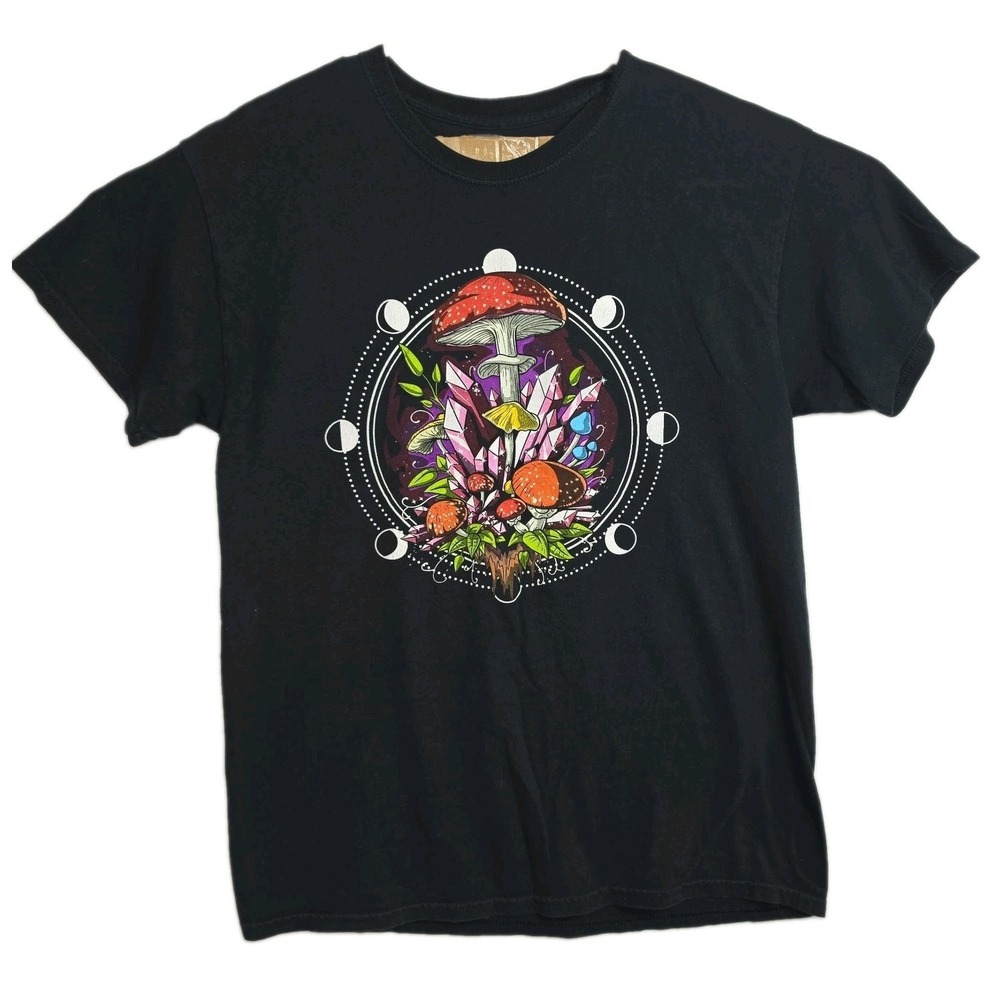 Threadless Mushroom T-Shirt‎ Women's L Black Graphic Print Short Sleeves